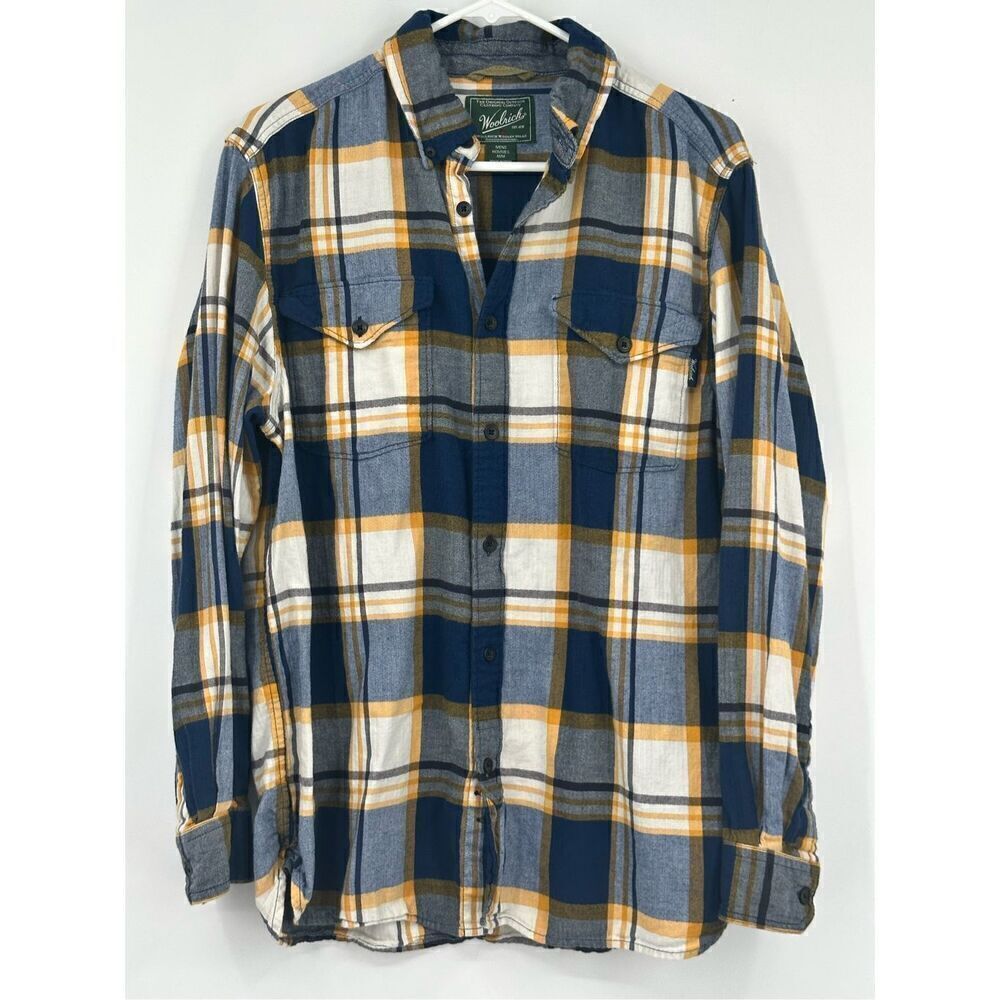 Woolrich men’s yellow and navy plaid long sleeve button down shirt size M